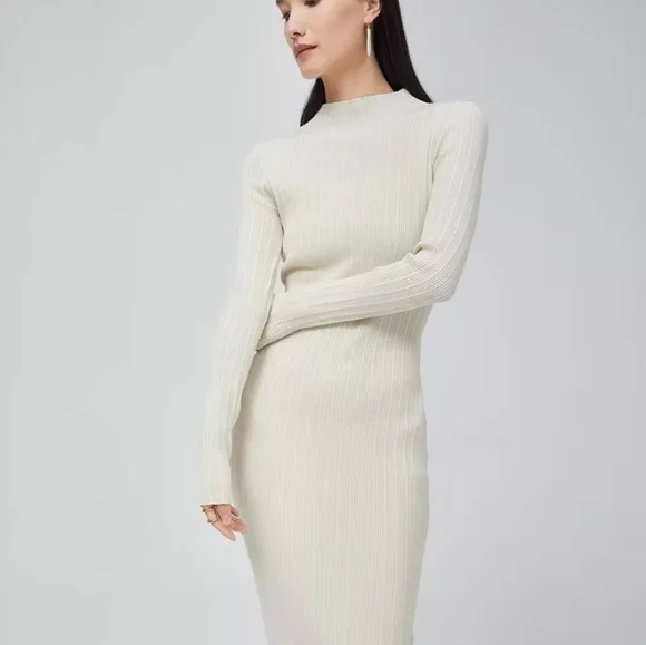 Cream Ribbed Knit High Neck Midi Dress - Picture 2 of 15